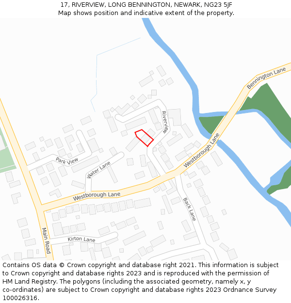 17, RIVERVIEW, LONG BENNINGTON, NEWARK, NG23 5JF: Location map and indicative extent of plot