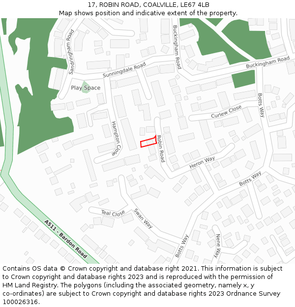 17, ROBIN ROAD, COALVILLE, LE67 4LB: Location map and indicative extent of plot