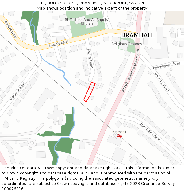 17, ROBINS CLOSE, BRAMHALL, STOCKPORT, SK7 2PF: Location map and indicative extent of plot