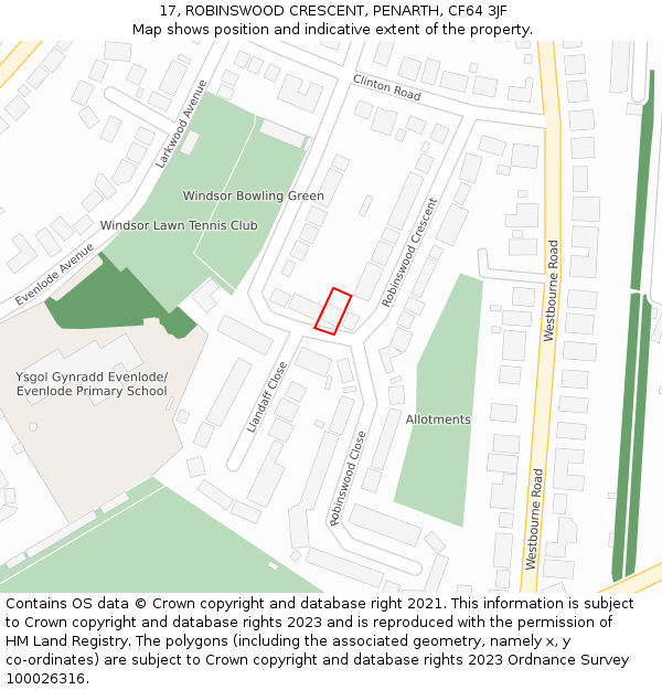 17, ROBINSWOOD CRESCENT, PENARTH, CF64 3JF: Location map and indicative extent of plot