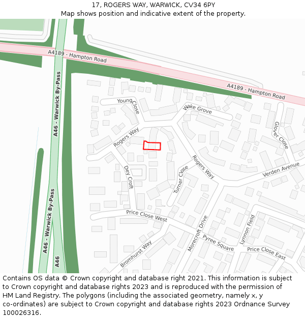 17, ROGERS WAY, WARWICK, CV34 6PY: Location map and indicative extent of plot