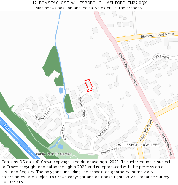 17, ROMSEY CLOSE, WILLESBOROUGH, ASHFORD, TN24 0QX: Location map and indicative extent of plot