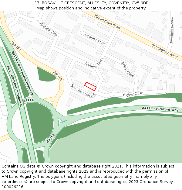 17, ROSAVILLE CRESCENT, ALLESLEY, COVENTRY, CV5 9BP: Location map and indicative extent of plot