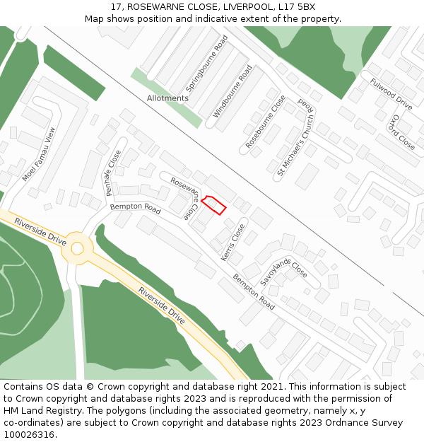 17, ROSEWARNE CLOSE, LIVERPOOL, L17 5BX: Location map and indicative extent of plot