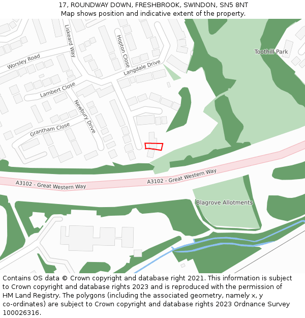 17, ROUNDWAY DOWN, FRESHBROOK, SWINDON, SN5 8NT: Location map and indicative extent of plot