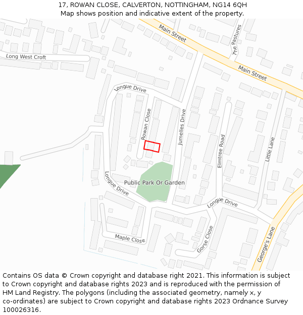 17, ROWAN CLOSE, CALVERTON, NOTTINGHAM, NG14 6QH: Location map and indicative extent of plot