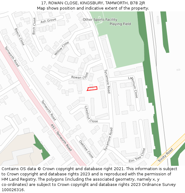 17, ROWAN CLOSE, KINGSBURY, TAMWORTH, B78 2JR: Location map and indicative extent of plot