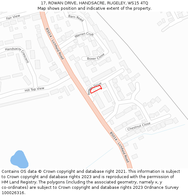 17, ROWAN DRIVE, HANDSACRE, RUGELEY, WS15 4TQ: Location map and indicative extent of plot