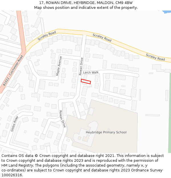 17, ROWAN DRIVE, HEYBRIDGE, MALDON, CM9 4BW: Location map and indicative extent of plot