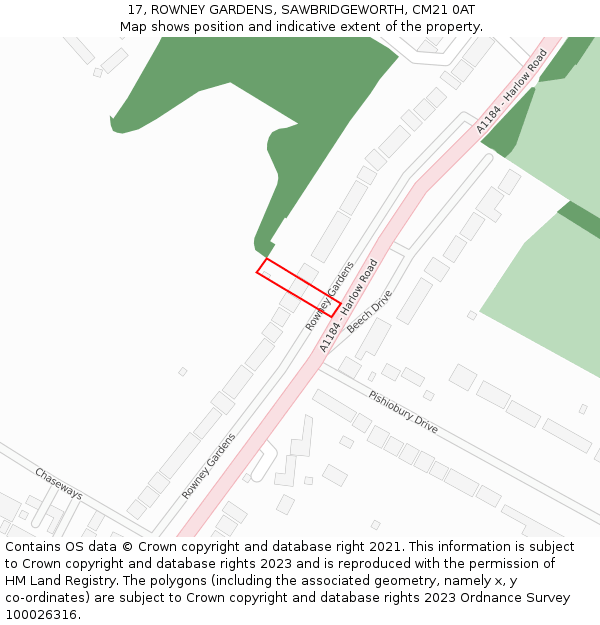 17, ROWNEY GARDENS, SAWBRIDGEWORTH, CM21 0AT: Location map and indicative extent of plot