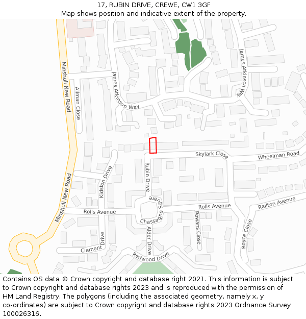 17, RUBIN DRIVE, CREWE, CW1 3GF: Location map and indicative extent of plot