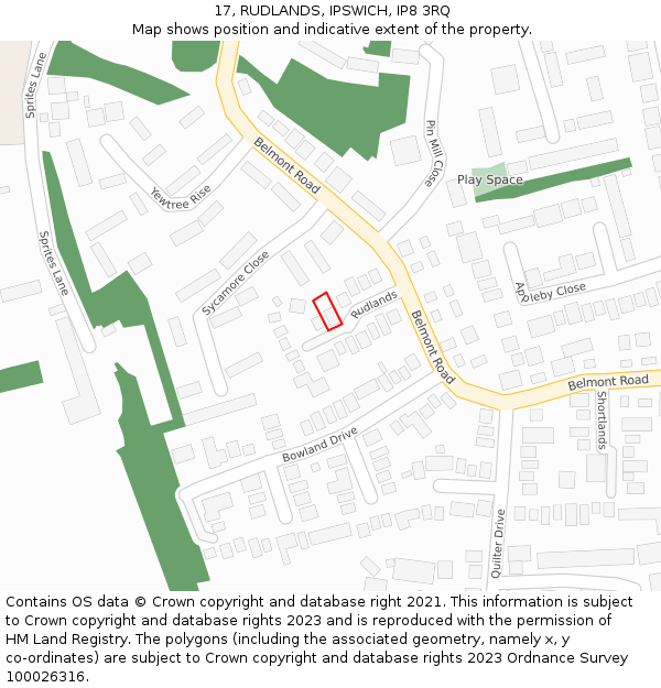 17, RUDLANDS, IPSWICH, IP8 3RQ: Location map and indicative extent of plot