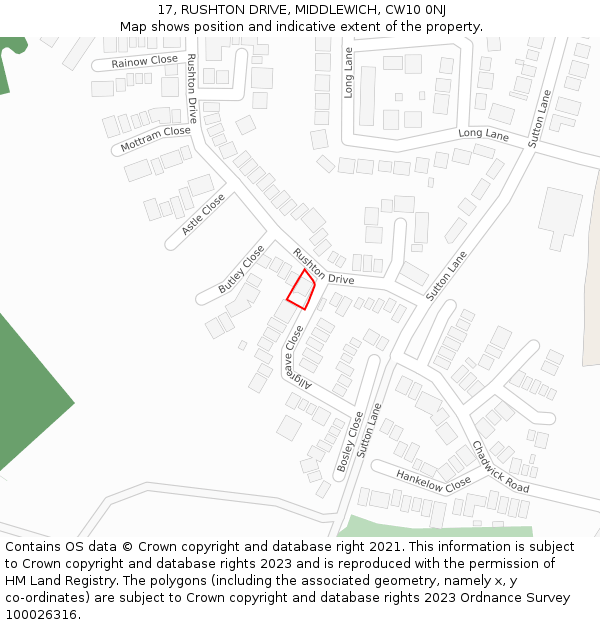 17, RUSHTON DRIVE, MIDDLEWICH, CW10 0NJ: Location map and indicative extent of plot