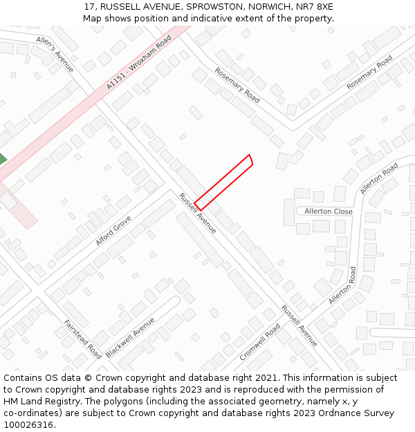 17, RUSSELL AVENUE, SPROWSTON, NORWICH, NR7 8XE: Location map and indicative extent of plot