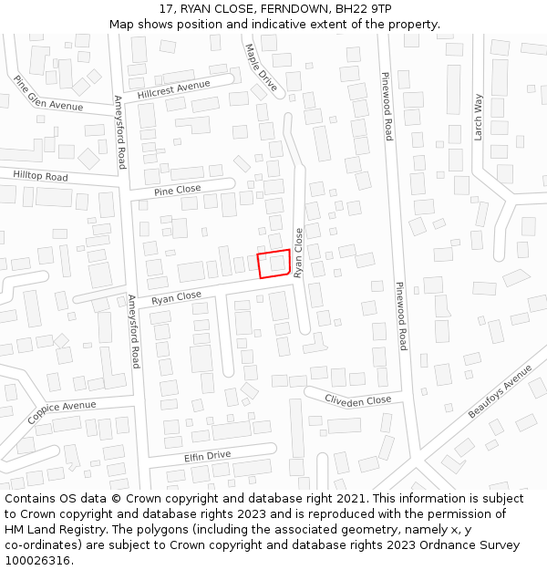 17, RYAN CLOSE, FERNDOWN, BH22 9TP: Location map and indicative extent of plot