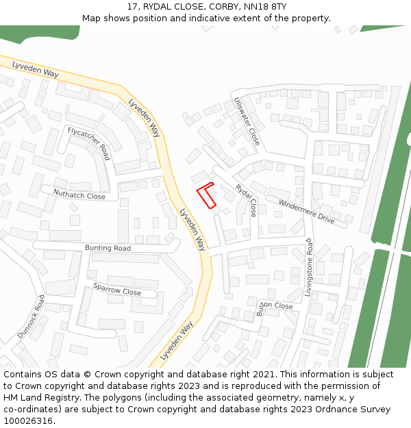 17, RYDAL CLOSE, CORBY, NN18 8TY: Location map and indicative extent of plot