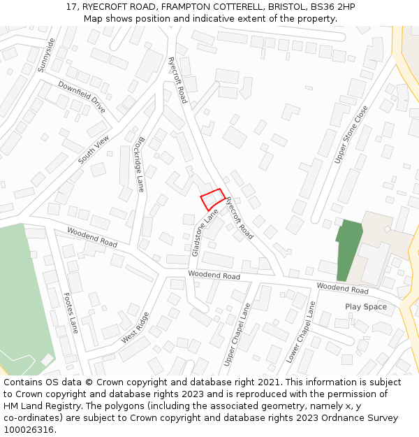 17, RYECROFT ROAD, FRAMPTON COTTERELL, BRISTOL, BS36 2HP: Location map and indicative extent of plot