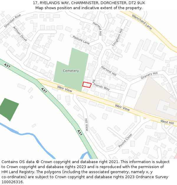17, RYELANDS WAY, CHARMINSTER, DORCHESTER, DT2 9UX: Location map and indicative extent of plot