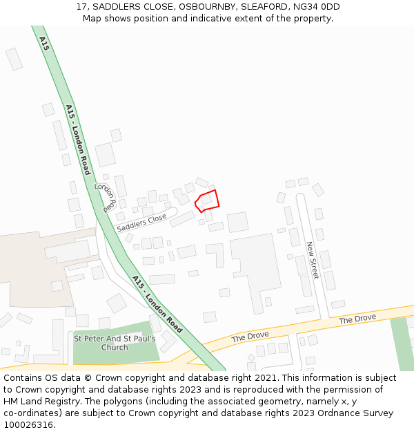 17, SADDLERS CLOSE, OSBOURNBY, SLEAFORD, NG34 0DD: Location map and indicative extent of plot