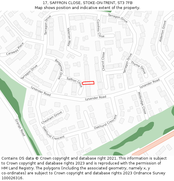 17, SAFFRON CLOSE, STOKE-ON-TRENT, ST3 7FB: Location map and indicative extent of plot