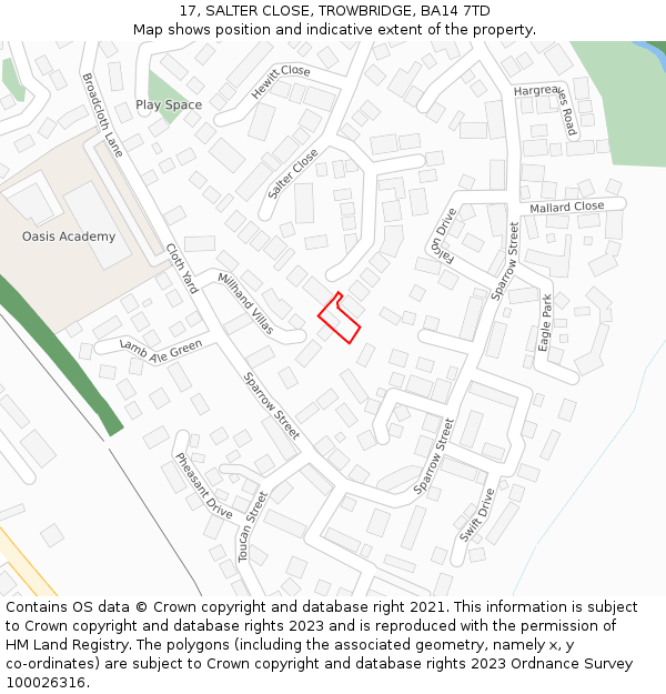 17, SALTER CLOSE, TROWBRIDGE, BA14 7TD: Location map and indicative extent of plot