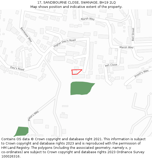 17, SANDBOURNE CLOSE, SWANAGE, BH19 2LQ: Location map and indicative extent of plot