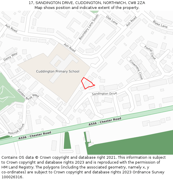 17, SANDINGTON DRIVE, CUDDINGTON, NORTHWICH, CW8 2ZA: Location map and indicative extent of plot