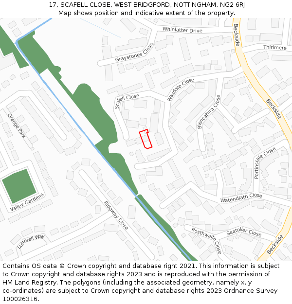 17, SCAFELL CLOSE, WEST BRIDGFORD, NOTTINGHAM, NG2 6RJ: Location map and indicative extent of plot