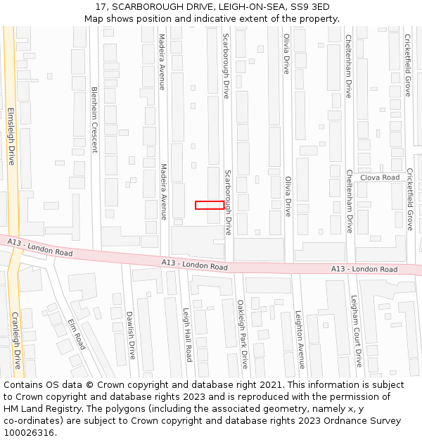 17, SCARBOROUGH DRIVE, LEIGH-ON-SEA, SS9 3ED: Location map and indicative extent of plot