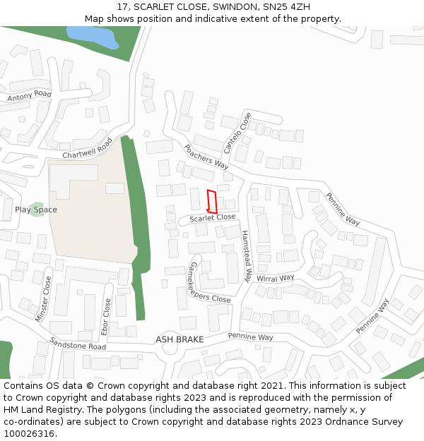 17, SCARLET CLOSE, SWINDON, SN25 4ZH: Location map and indicative extent of plot