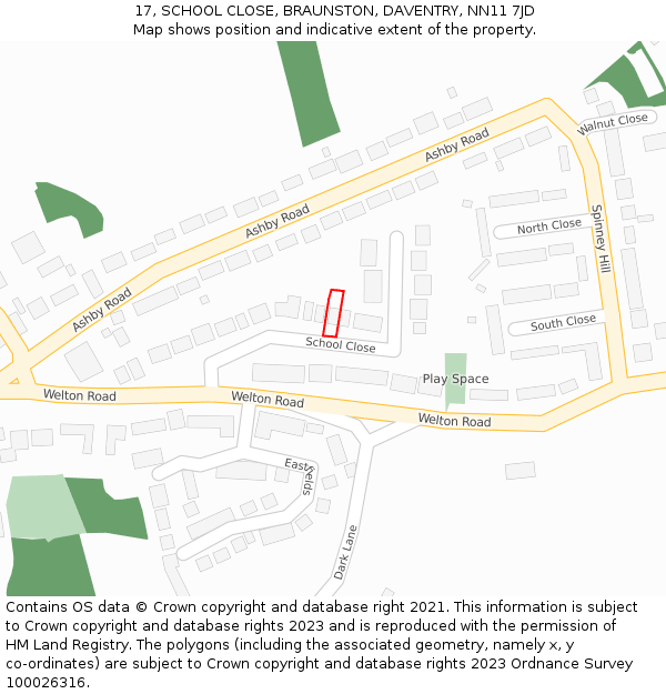 17, SCHOOL CLOSE, BRAUNSTON, DAVENTRY, NN11 7JD: Location map and indicative extent of plot