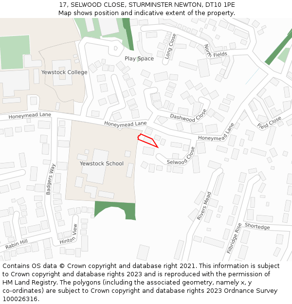 17, SELWOOD CLOSE, STURMINSTER NEWTON, DT10 1PE: Location map and indicative extent of plot