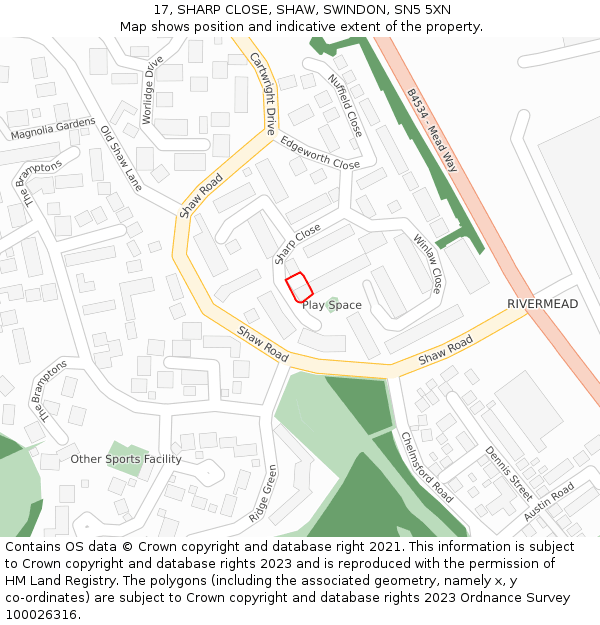 17, SHARP CLOSE, SHAW, SWINDON, SN5 5XN: Location map and indicative extent of plot