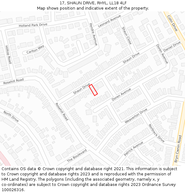 17, SHAUN DRIVE, RHYL, LL18 4LF: Location map and indicative extent of plot