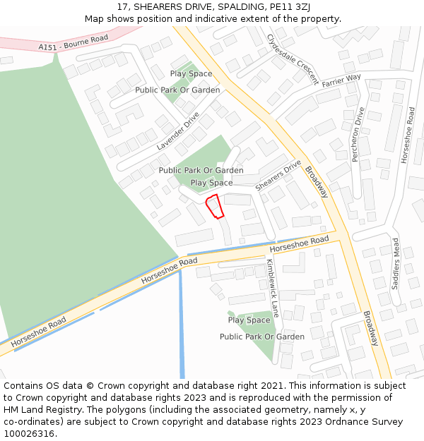 17, SHEARERS DRIVE, SPALDING, PE11 3ZJ: Location map and indicative extent of plot