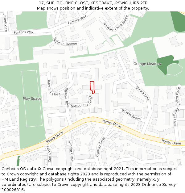 17, SHELBOURNE CLOSE, KESGRAVE, IPSWICH, IP5 2FP: Location map and indicative extent of plot