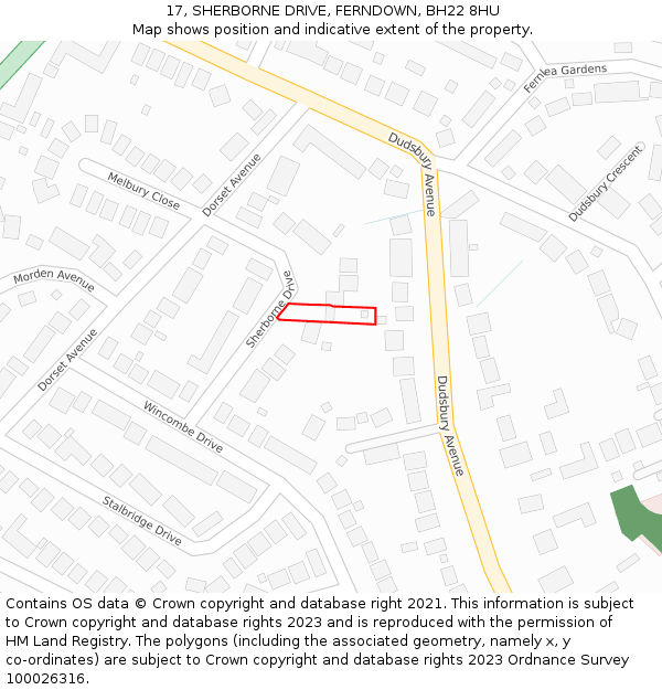 17, SHERBORNE DRIVE, FERNDOWN, BH22 8HU: Location map and indicative extent of plot