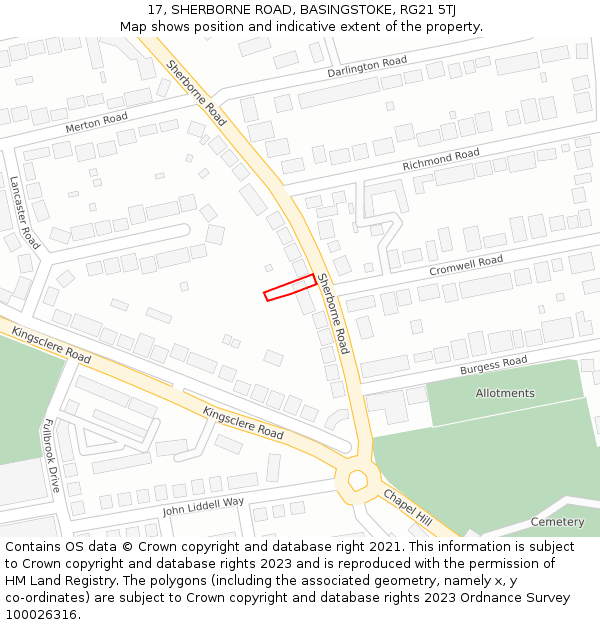 17, SHERBORNE ROAD, BASINGSTOKE, RG21 5TJ: Location map and indicative extent of plot