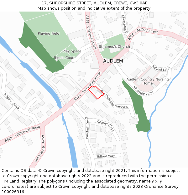 17, SHROPSHIRE STREET, AUDLEM, CREWE, CW3 0AE: Location map and indicative extent of plot