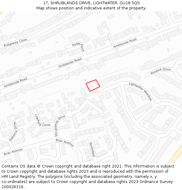 17, SHRUBLANDS DRIVE, LIGHTWATER, GU18 5QS: Location map and indicative extent of plot