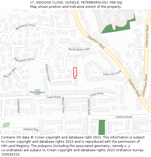 17, SIDDONS CLOSE, OUNDLE, PETERBOROUGH, PE8 4QJ: Location map and indicative extent of plot