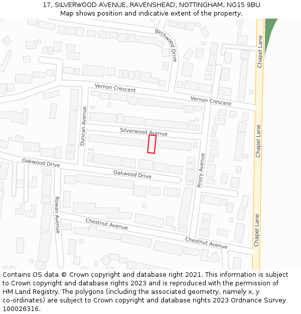 17, SILVERWOOD AVENUE, RAVENSHEAD, NOTTINGHAM, NG15 9BU: Location map and indicative extent of plot