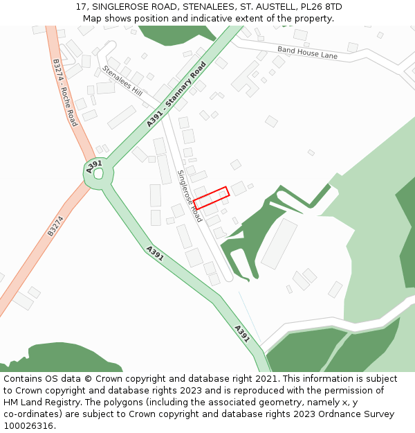 17, SINGLEROSE ROAD, STENALEES, ST. AUSTELL, PL26 8TD: Location map and indicative extent of plot