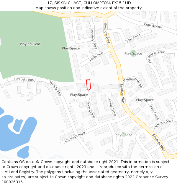 17, SISKIN CHASE, CULLOMPTON, EX15 1UD: Location map and indicative extent of plot