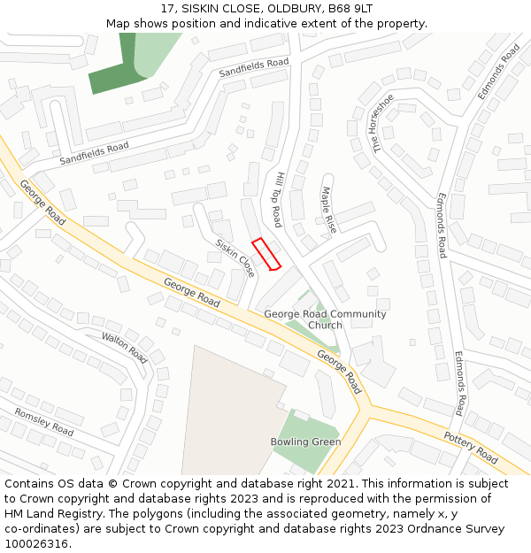 17, SISKIN CLOSE, OLDBURY, B68 9LT: Location map and indicative extent of plot