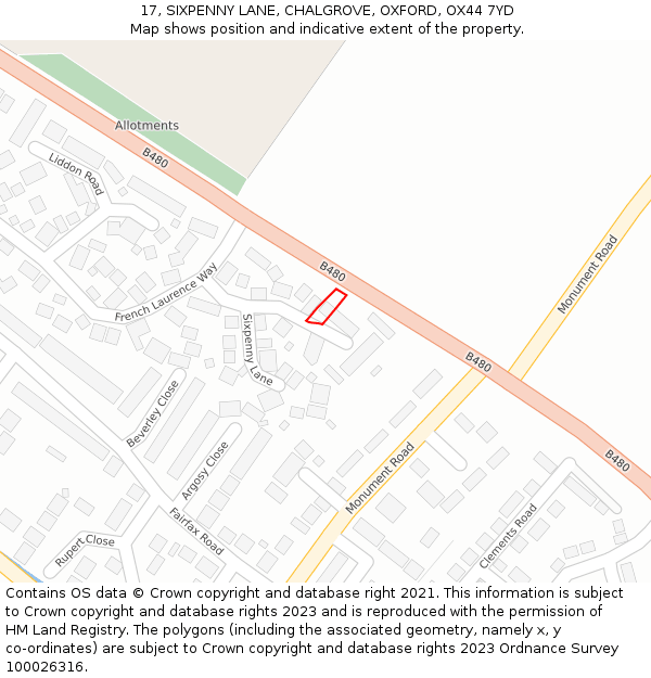 17, SIXPENNY LANE, CHALGROVE, OXFORD, OX44 7YD: Location map and indicative extent of plot