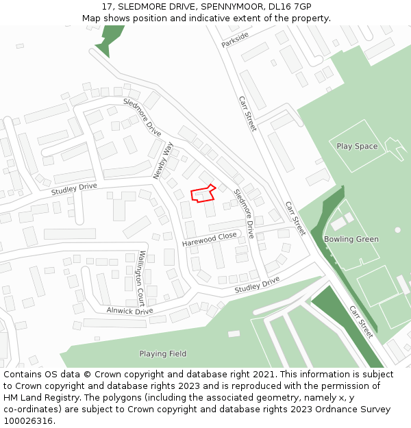 17, SLEDMORE DRIVE, SPENNYMOOR, DL16 7GP: Location map and indicative extent of plot