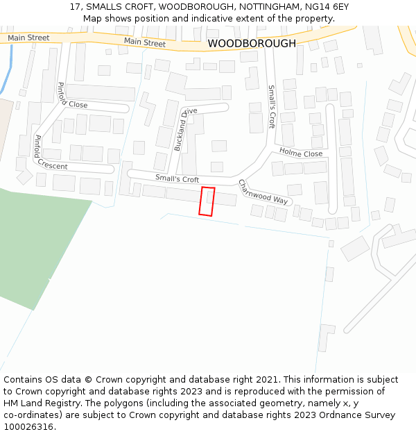 17, SMALLS CROFT, WOODBOROUGH, NOTTINGHAM, NG14 6EY: Location map and indicative extent of plot