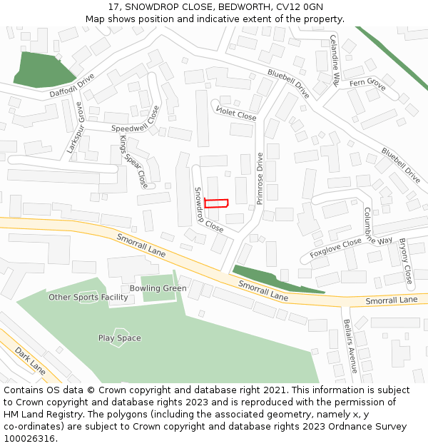 17, SNOWDROP CLOSE, BEDWORTH, CV12 0GN: Location map and indicative extent of plot