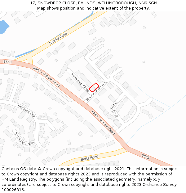17, SNOWDROP CLOSE, RAUNDS, WELLINGBOROUGH, NN9 6GN: Location map and indicative extent of plot